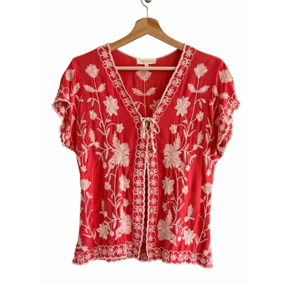 Solitaire Womens Boho Festival Embroidered Cardigan Top Size L Floral Cottage